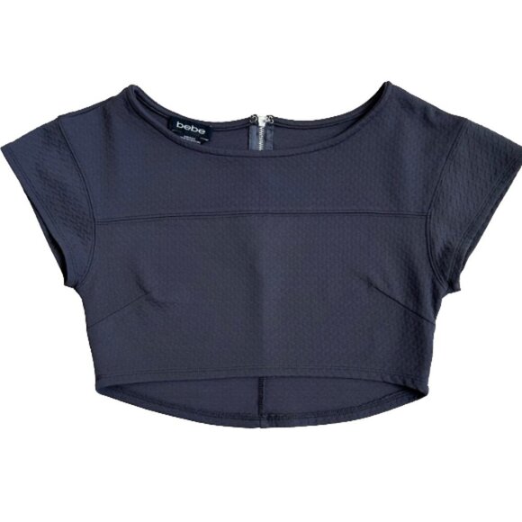 Bebe Charcoal Textured Knit Crop Top Zipper Back Stretch Short Sleeve Size XS - Picture 1 of 6